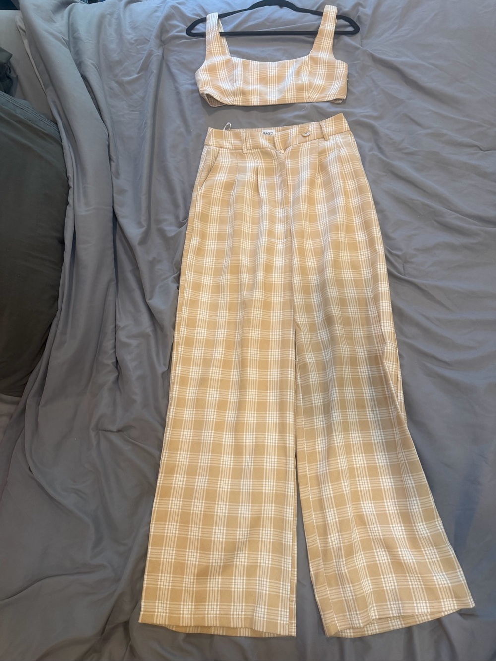 Princess Polly pant and crop top set- Plaid Pants in Beige